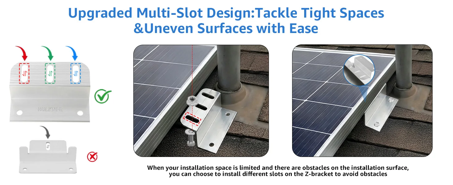 HULKNPE Z bracket installed beside a roof vent, using an alternative slot to avoid the obstacle