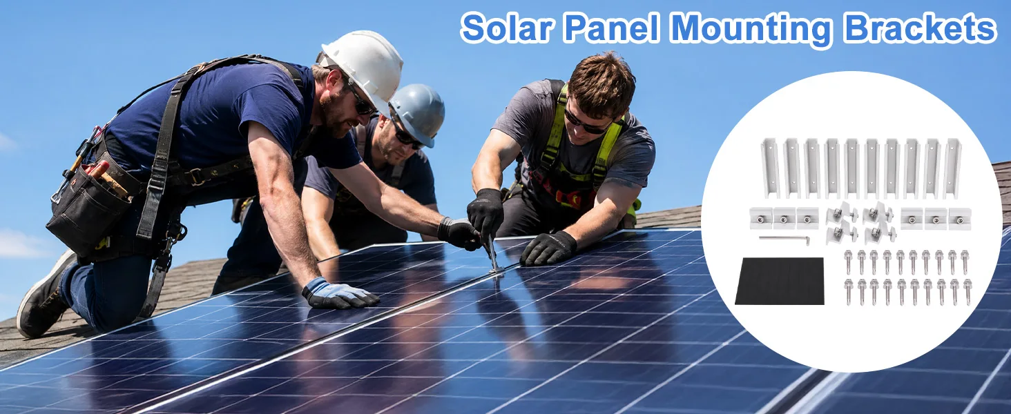 Installers fitting solar panels with HULKNPE mounting brackets, with kit components shown alongside
