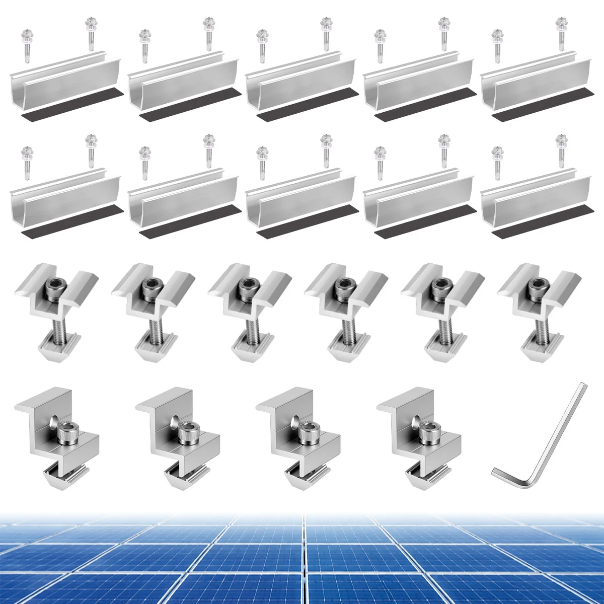 HULKNPE U30 solar panel mounting kit — 10 mini rails with EPDM pads, 6 mid clamps, 4 end clamps, 20 self-drilling screws and an M6 Allen key