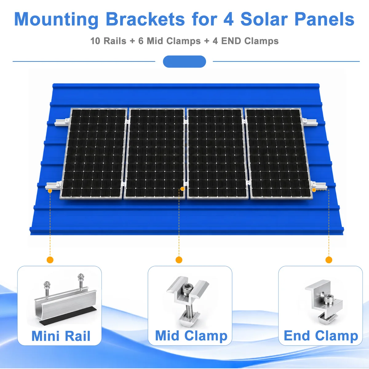 Four solar panels mounted side by side with U30 mounting rails, mid clamps and end clamps